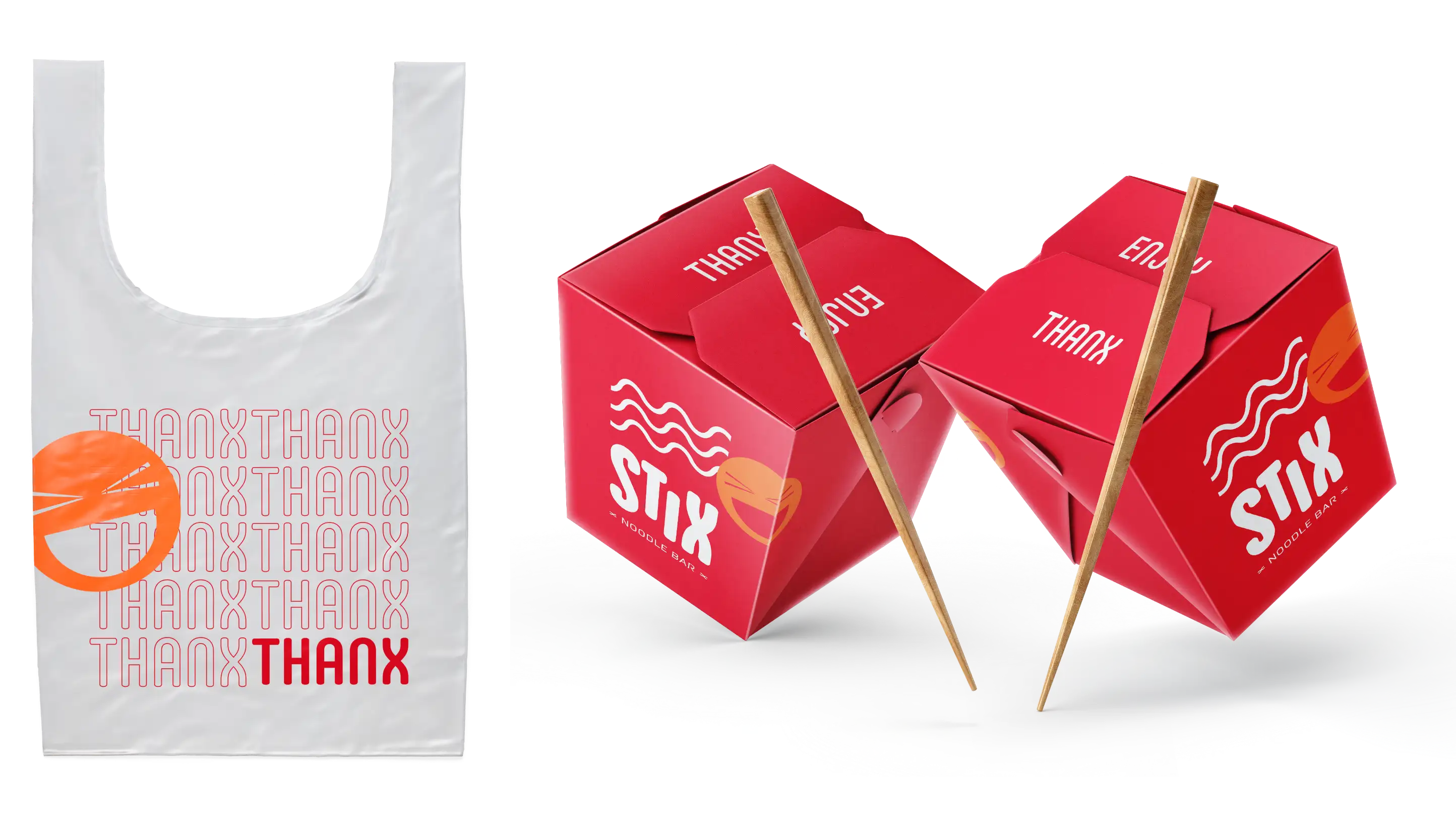Stix Noodle Bar takeaway bag and noodle box designs.