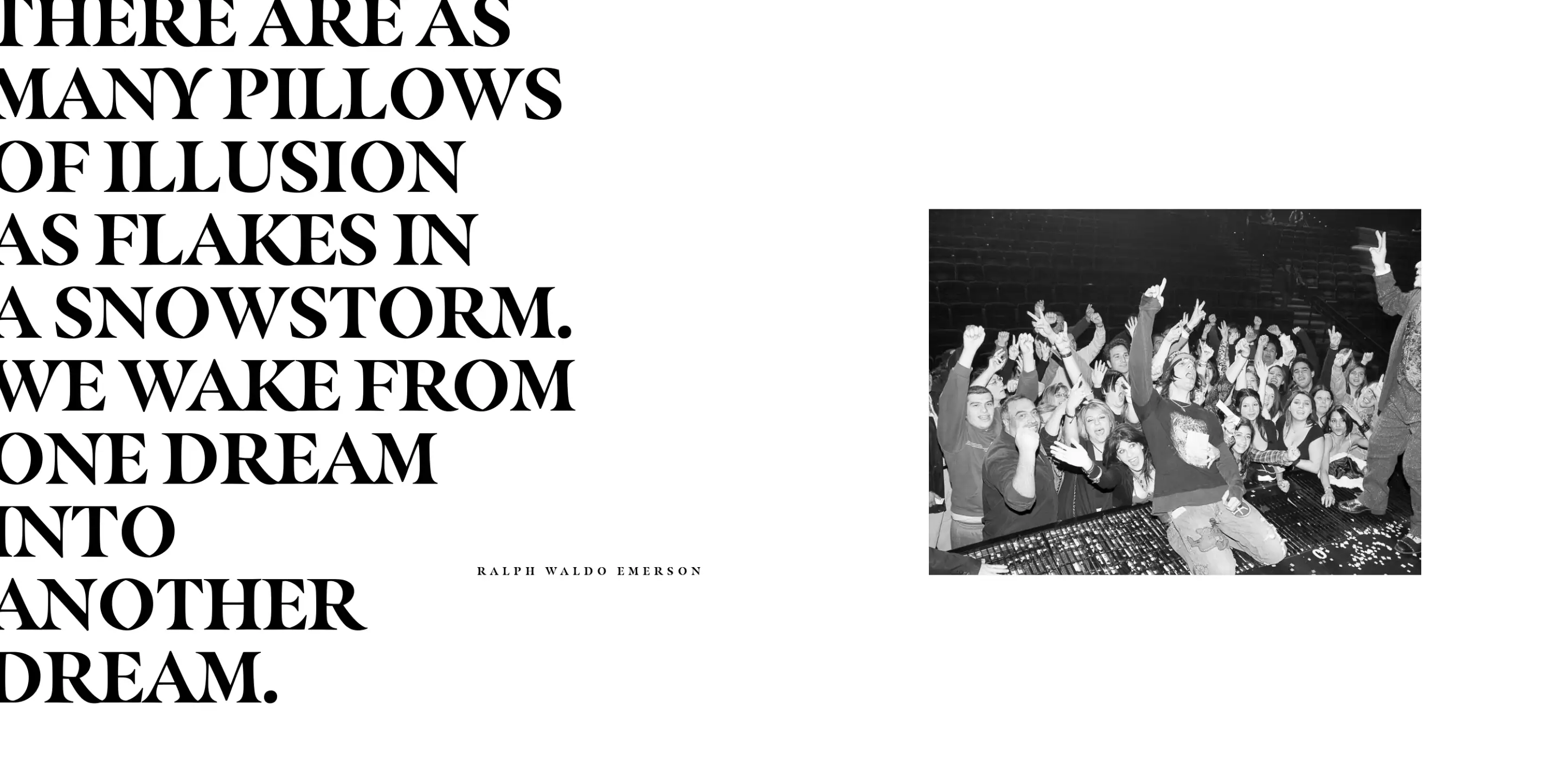 Interior black-and-white quote page spread. Left page features large decorative typeset Emerson quote; right page shows photo of Criss Angel on stage with fans behind him.